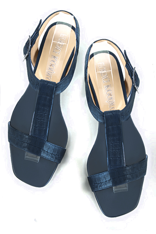 Denim blue women's fully open sandals, with an instep strap. Square toe. Low kitten heels. Top view - Florence KOOIJMAN